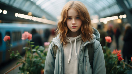 a young girl standing in front of a trainの素材