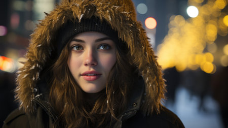 a young woman in a winter coat on the street at nightの素材