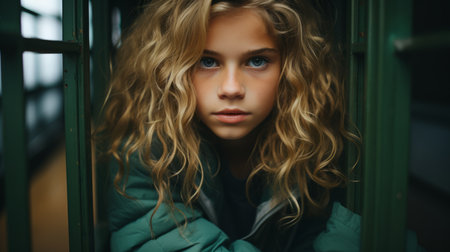a young girl with long curly hair sitting in a jail cellの素材