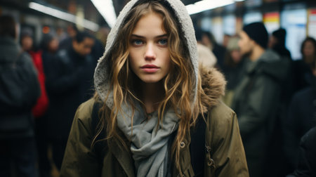 a young woman with a hoodie on in a subwayの素材