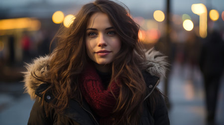 beautiful young woman with long hair in the city at nightの素材
