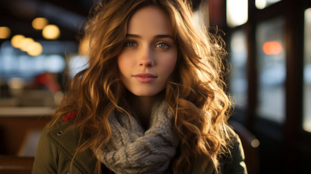 beautiful young woman with long wavy hair and scarf looking at the cameraの素材