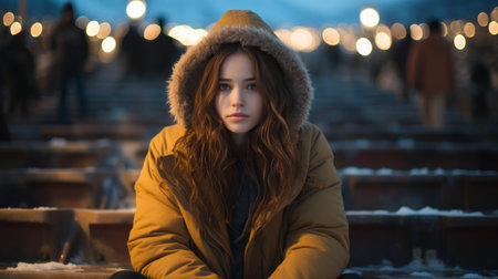 a young woman sitting on a bench in front of a crowd of peopleの素材