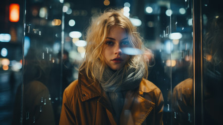 portrait of a young woman in a city at nightの素材