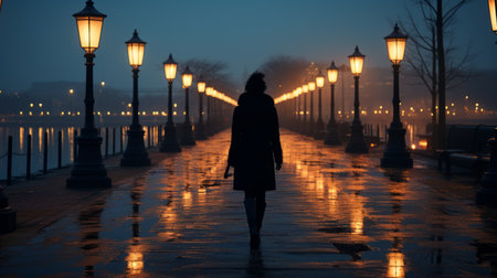 silhouette of a woman walking on a wet walkway at nightの素材