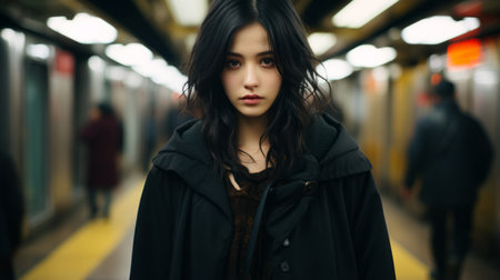 an asian woman standing in a subway stationの素材
