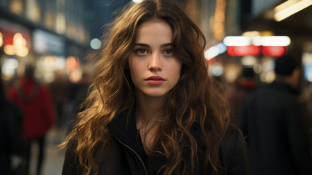 portrait of a beautiful young woman in the city at nightの素材