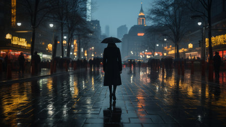 silhouette of a woman walking in the rain with an umbrellaの素材