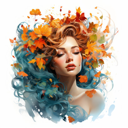 a beautiful woman with autumn leaves in her hairの素材