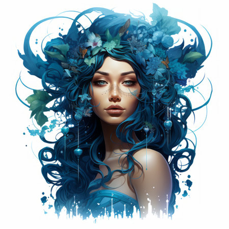 a woman with blue hair and flowers in her hairの素材