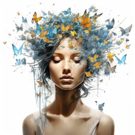 a woman with butterflies on her headの素材