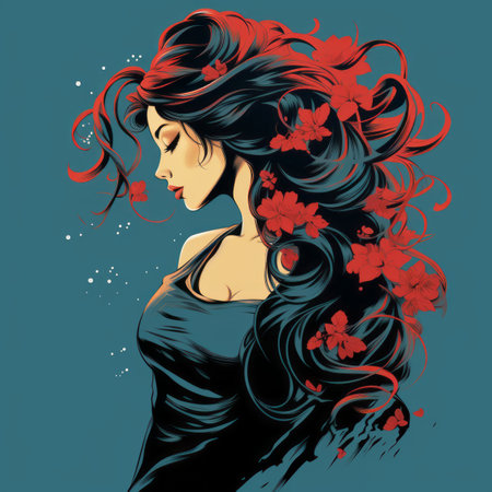 a woman with long hair and red flowers in her hairの素材