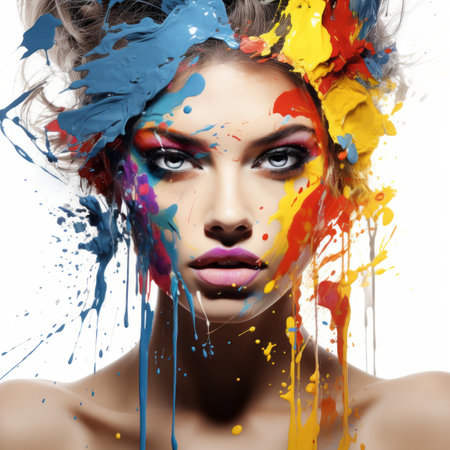 a woman with paint splatters on her faceの素材
