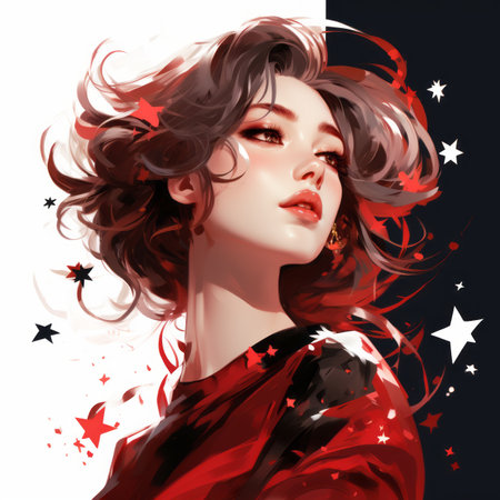 a woman with red hair and stars on her faceの素材