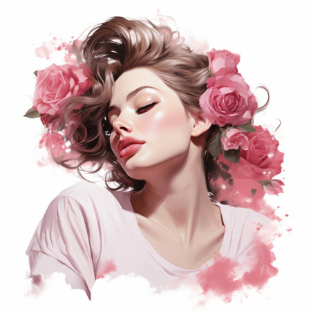 a woman with pink roses on her headの素材