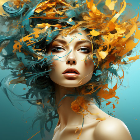 beautiful woman with colorful hair on blue backgroundの素材