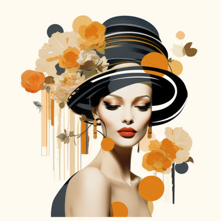 beautiful woman with hat and flowers on white backgroundの素材