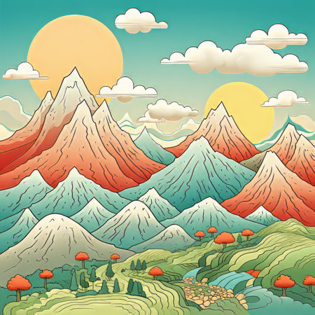 a cartoon illustration of a mountain landscapeの素材