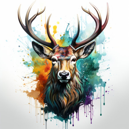 a painting of a deer head with colorful paint splattersの素材