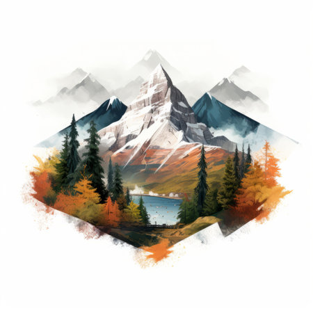 a painting of a mountain with trees and a lake in the backgroundの素材