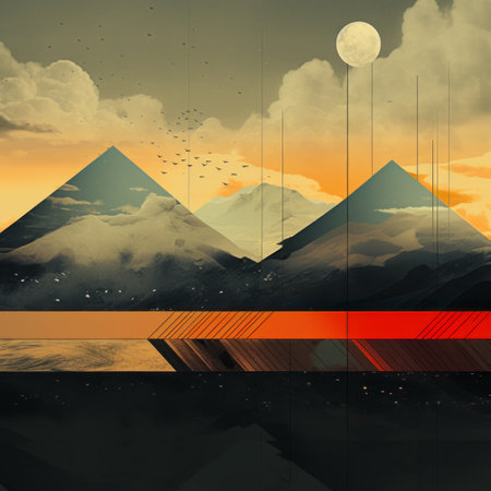 an abstract painting of mountains and waterの素材