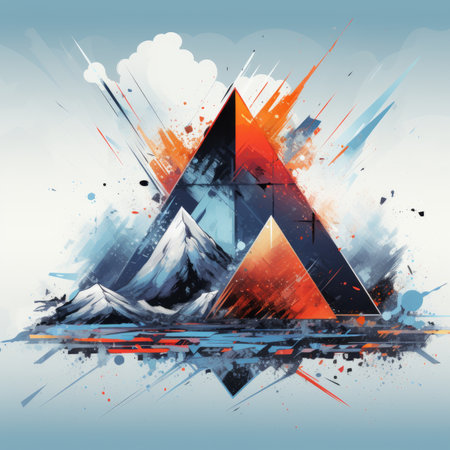 an abstract painting of a mountain with a red orange and blue skyの素材