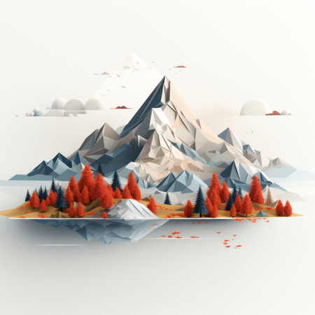 an illustration of a mountain landscape with trees and waterの素材