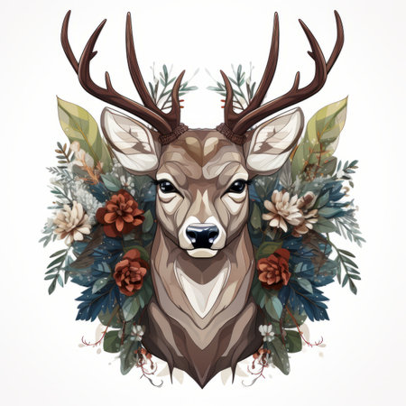 an illustration of a deer with flowers and leavesの素材