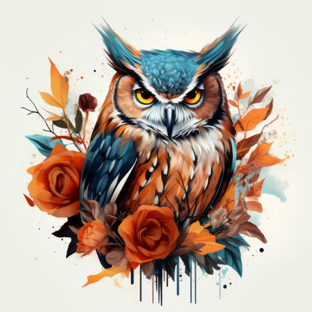 an illustration of an owl with flowers and leavesの素材