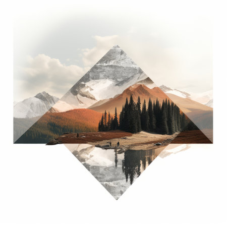 an image of a mountain with trees and a lake in the backgroundの素材