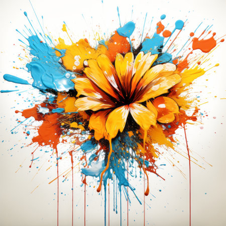 colorful flower with paint splatters on a white backgroundの素材