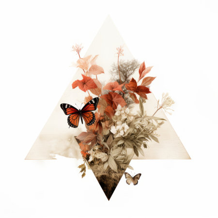 butterflies and flowers in a triangle shape on a white backgroundの素材