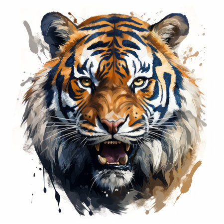 the tiger is shown in a painting style on a white backgroundの素材