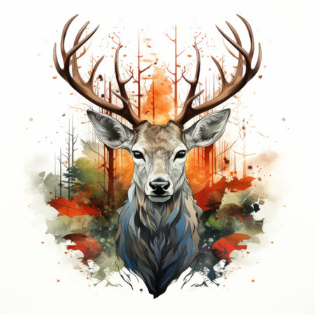 watercolor illustration of a deer with big antlersの素材