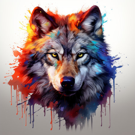 the wolf is painted with paint splatters on a white backgroundの素材