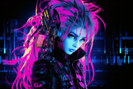 a futuristic woman with pink hair and neon lightsの素材