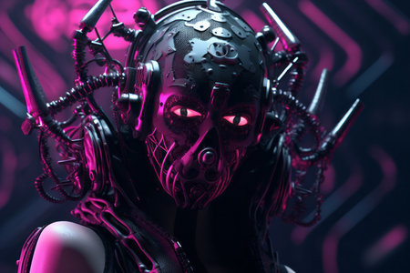 a woman in a futuristic mask with glowing red eyesの素材