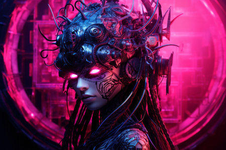 a woman with a head full of gears and glowing eyesの素材