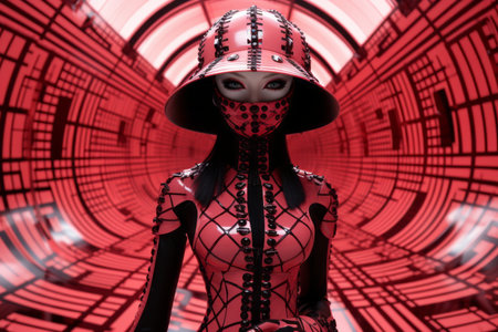 a woman in a red and black outfit standing in front of a red and black tunnelの素材