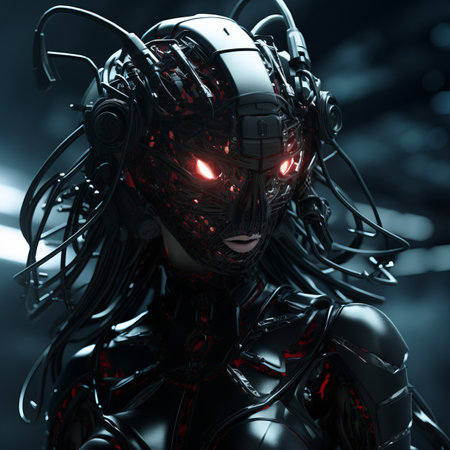 a woman in black and red armor with glowing red eyesの素材