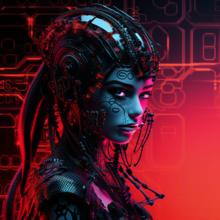 a woman in a robot suit with red and blue lightsの素材