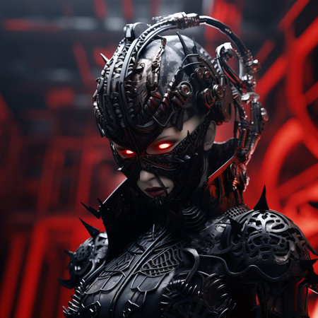 a woman in black and red armor with red eyesの素材