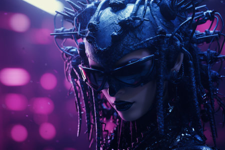 a woman wearing a helmet and glasses in front of a purple lightの素材
