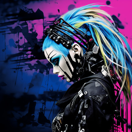 a woman with blue and pink hair in a futuristic settingの素材