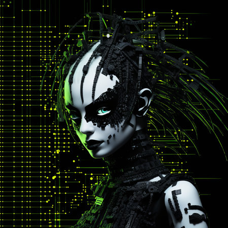 a woman in black and green makeup with glowing eyesの素材