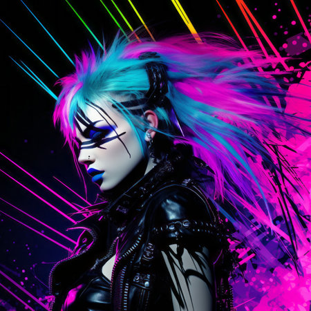 a woman with colorful hair and makeup in front of a black backgroundの素材