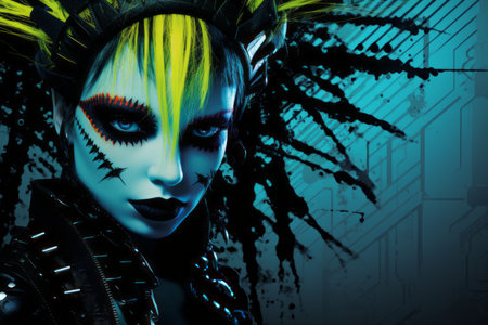 a woman with black and yellow makeup on her faceの素材