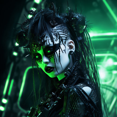 a woman with black makeup and green hairの素材
