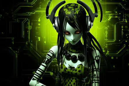 a woman in green and black with headphonesの素材