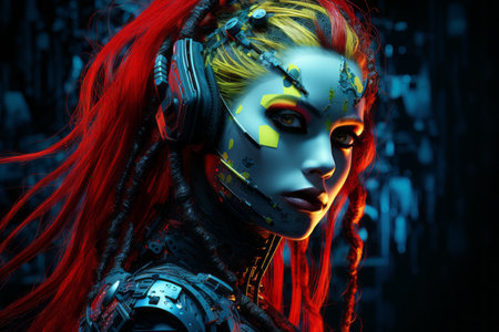 a woman with bright red hair and futuristic makeupの素材